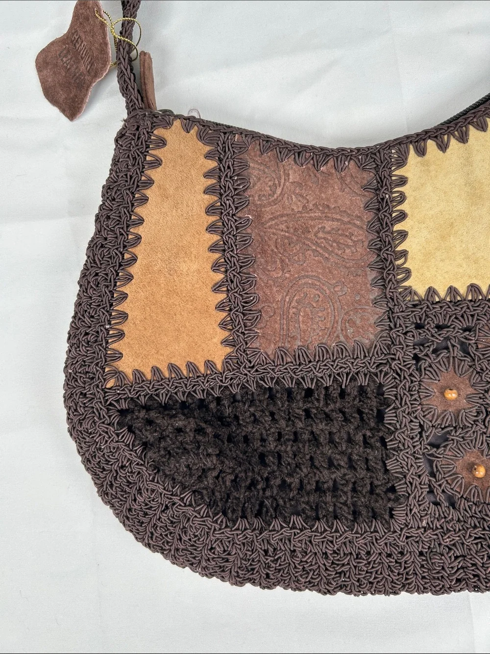 Leather Suede Boho Knit Crochet Hobo Bag Brown Beaded